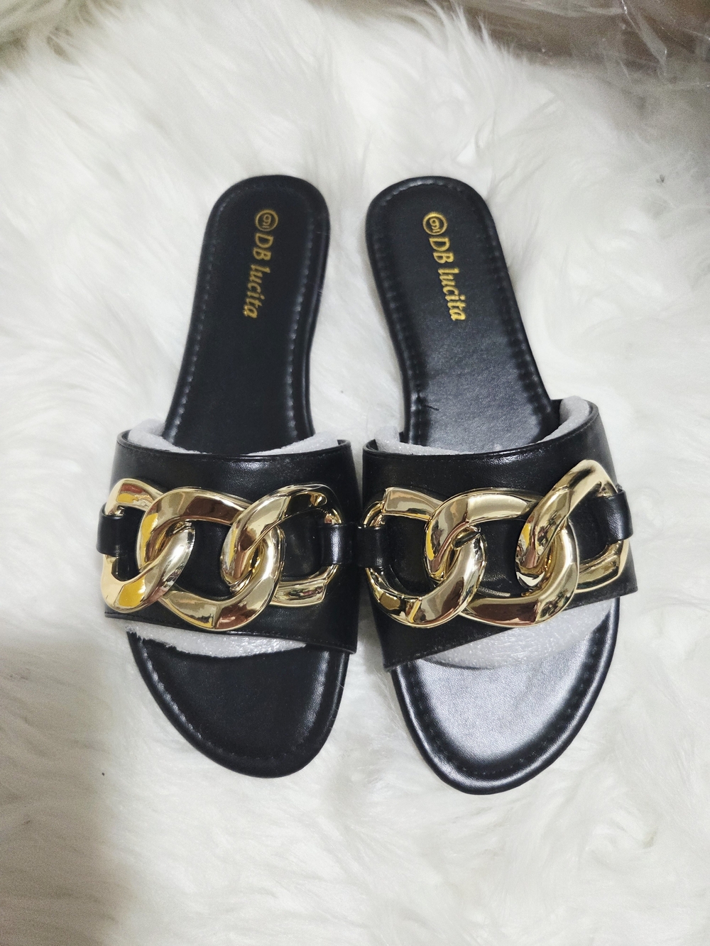 DB Italia Black Slide Mules with Gold Chain Accent